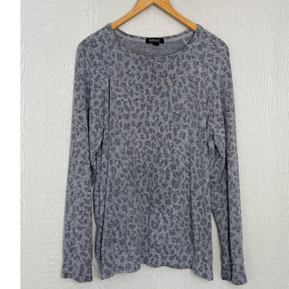 Buffalo David Bitton Womens Grey Leopard Print Long Sleeve Knit Top Size L